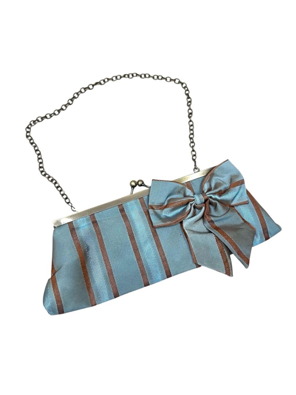 Vintage Y2K Iridescent Satin Striped Bow Clutch Purse w Optional Chain Strap
